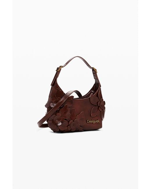Desigual Brown Shiny Mini Floral Bag, Polyurethane