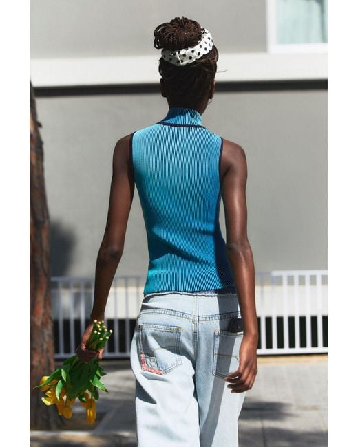 Desigual Blue Iridescent Knit Zip-Up T-Shirt