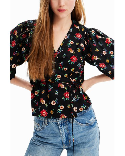 Desigual Black Floral Wrap Blouse, Cotton