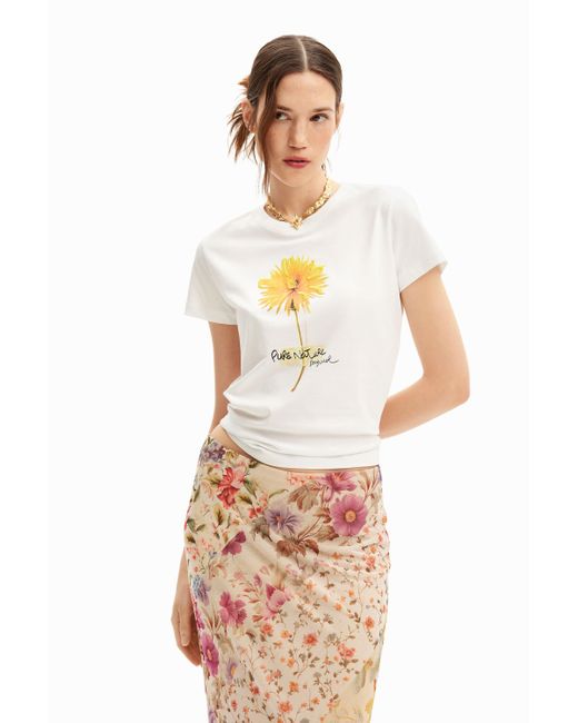 Desigual White Short-sleeved T-shirt With Flower.