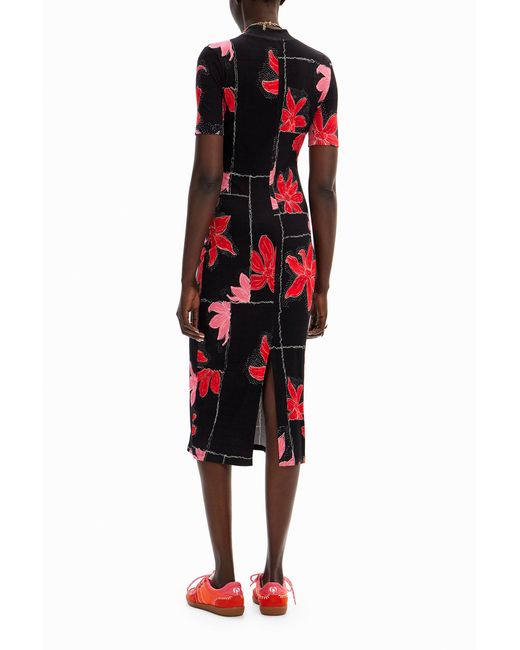 Desigual Red Ribbed Floral Midi Dress, Viscose