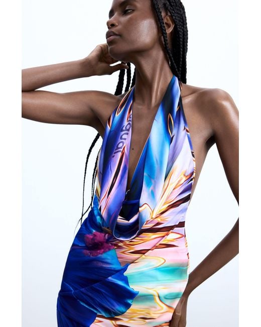 Desigual Blue Short Dress Flower Water, Polyester