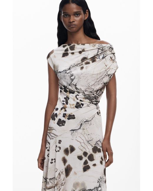 Desigual Brown 2-In-1 Slip Dress Animal Print, Polyester