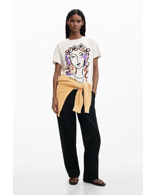 Desigual White Printed Face T-Shirt, Cotton