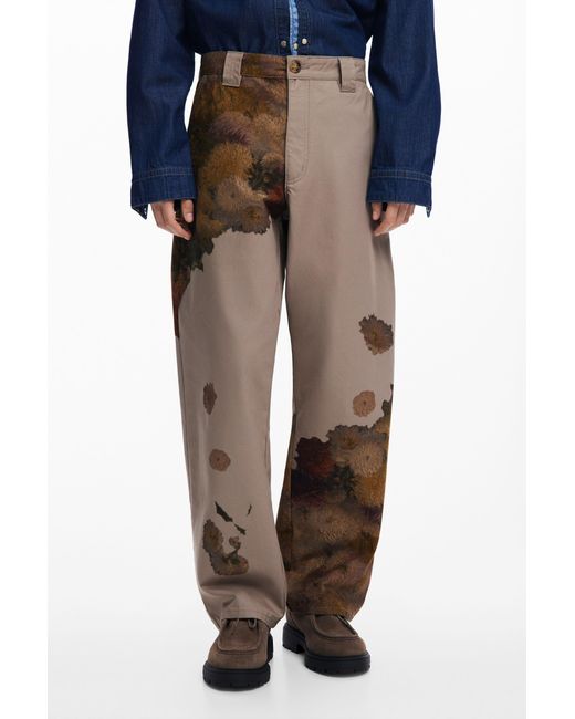 Desigual Brown Floral Print Pants, Cotton for men