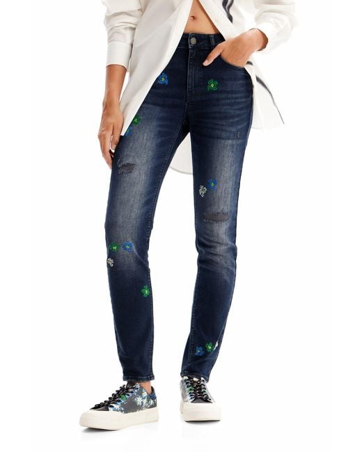 Desigual Blue Embroidered Push-Up Skinny Jeans, Cotton
