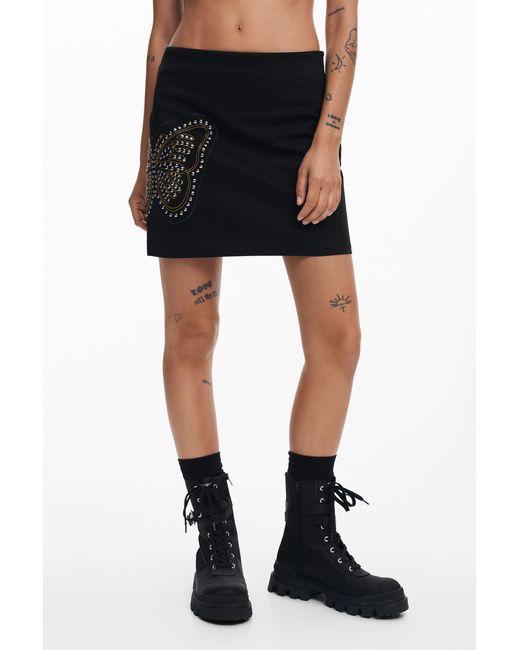 Desigual Black Slim Butterfly Miniskirt, Cotton