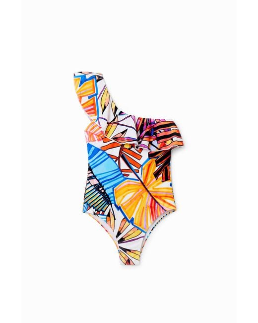 Desigual White Asymmetric Ruffle Swimsuit