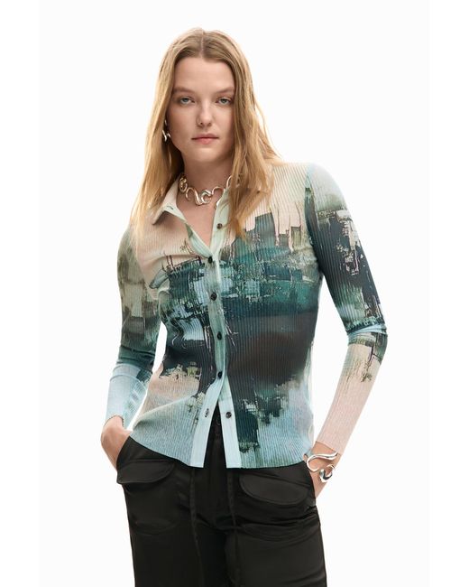 Desigual Blue Buttoned Texture T-Shirt, Polyester