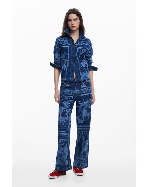 Desigual Blue Denimjacke Mit Palmenmuster