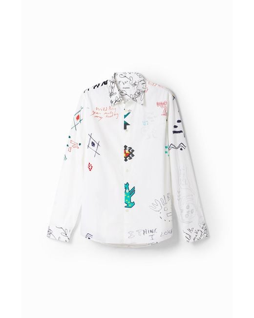 Desigual White Illustrated Shirt With Messages, Cotton for men