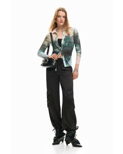 Desigual Blue Buttoned Texture T-Shirt, Polyester