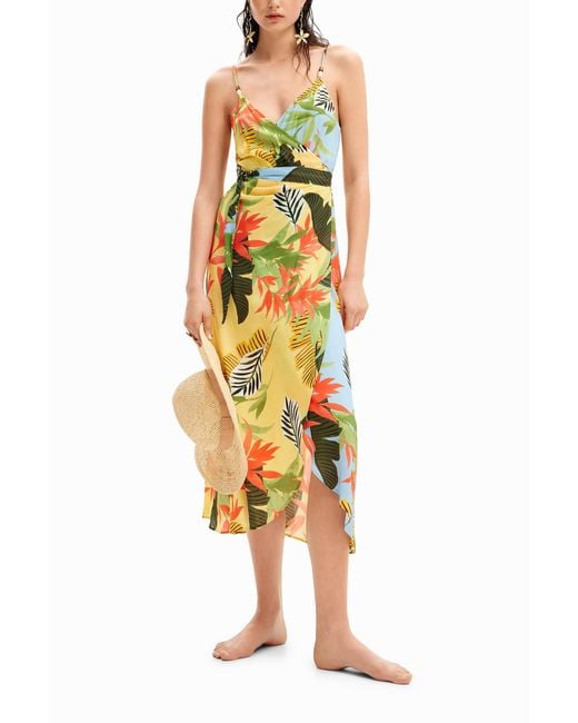 Desigual Yellow Tropical Wrap Midi Dress, Viscose