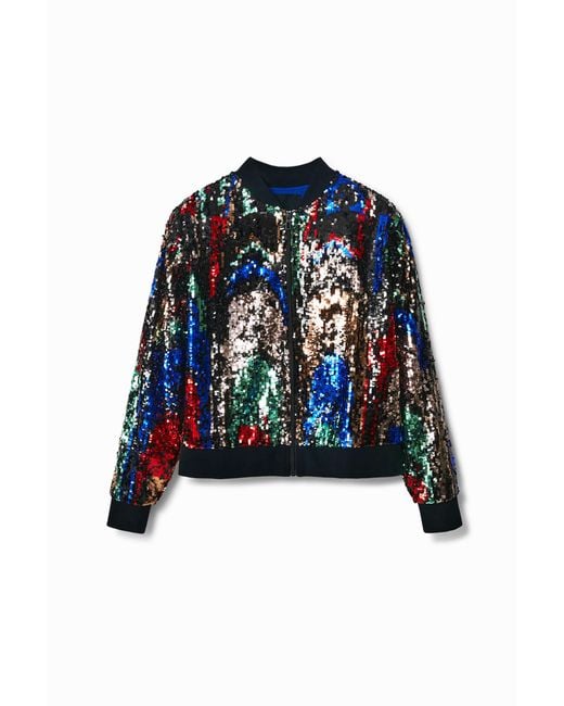 Desigual Blue Sequin Bomber Jacket, Polyester