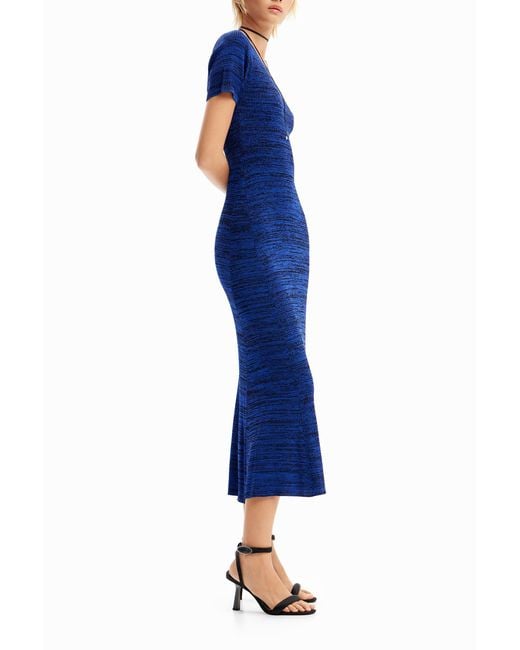 Desigual Blue Long Mottled Ribbed Dress