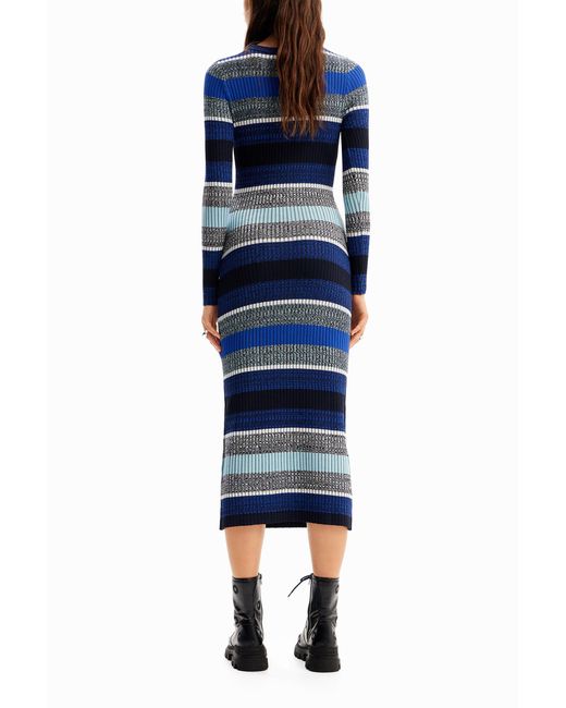Desigual Blue Stripy Ribbed Midi Dress