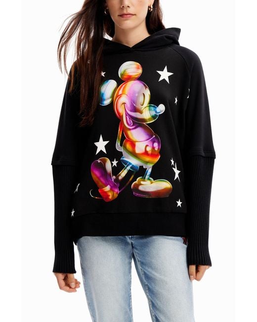 Desigual Black Oversize Mickey Mouse Hoodie, Cotton