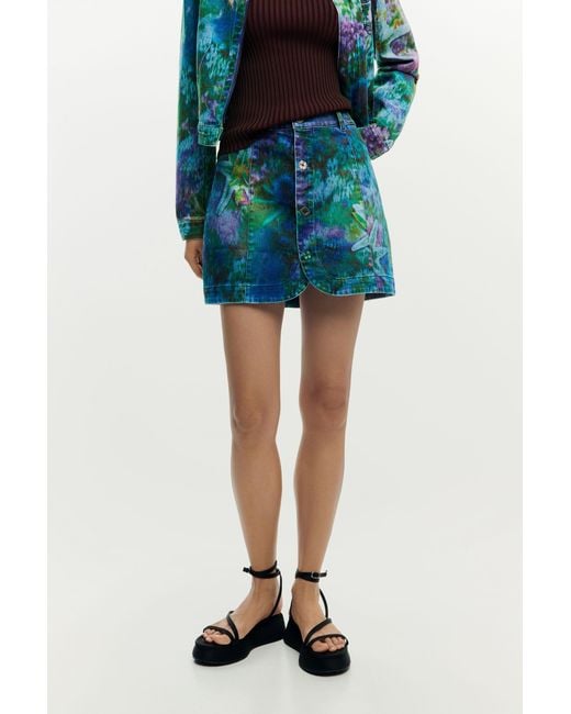 Desigual Blue Denim Skirt Garden, Cotton
