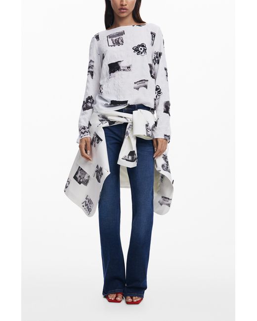 Desigual Blue Textured Blouse With Bows, Polyester