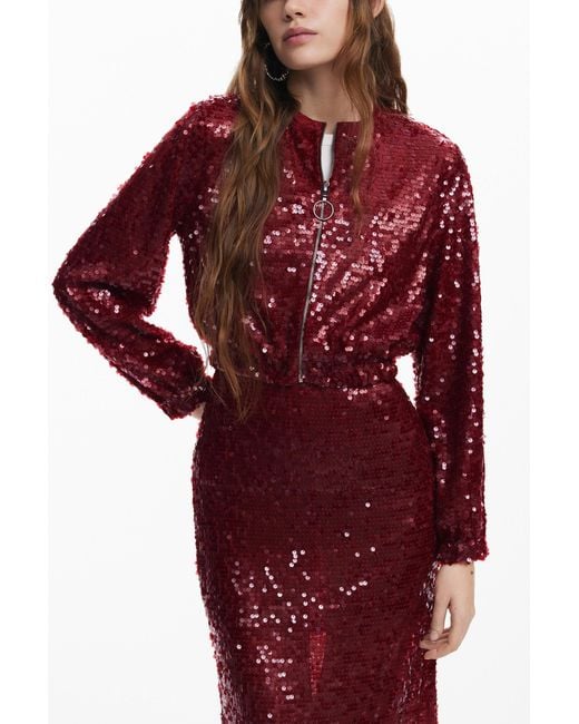 Desigual Red Bomber Jacket With Shine, Polyester