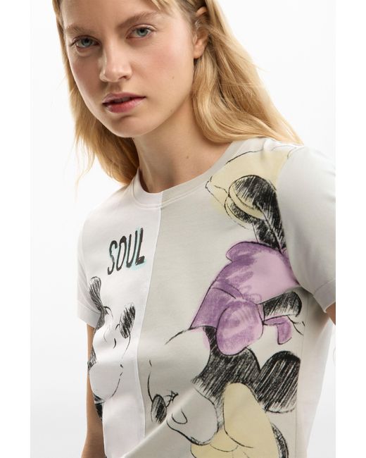 Desigual White Mickey And Minnie Mouse Kiss T-Shirt, Cotton