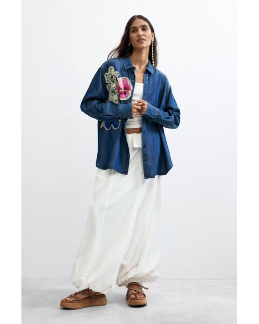 Desigual Blue Embroidered Flower Shirt, Lyocell
