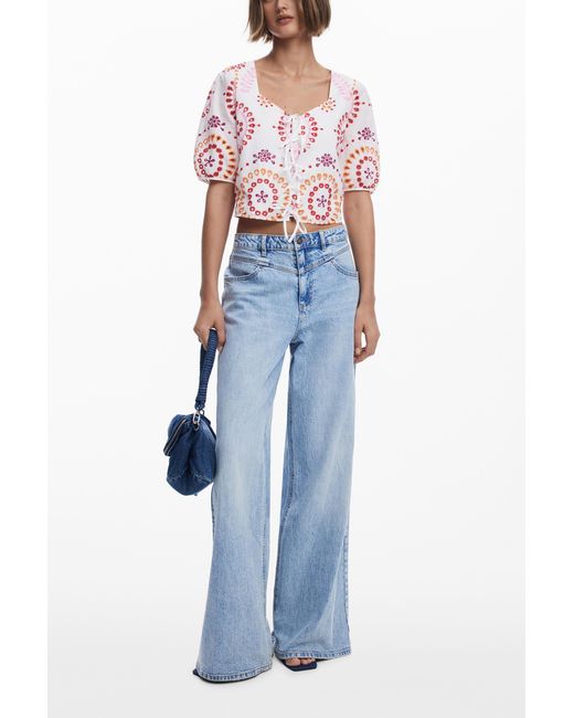 Desigual White Boho Printed Blouse With Bows, Cotton