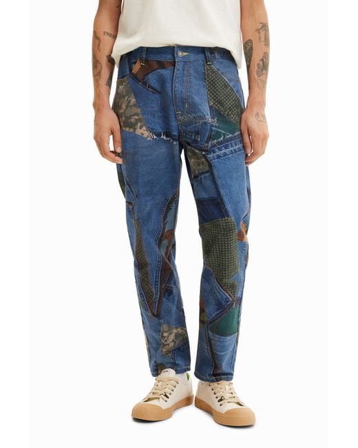 Desigual Blue Relaxed Patchwork Jeans, Cotton for men