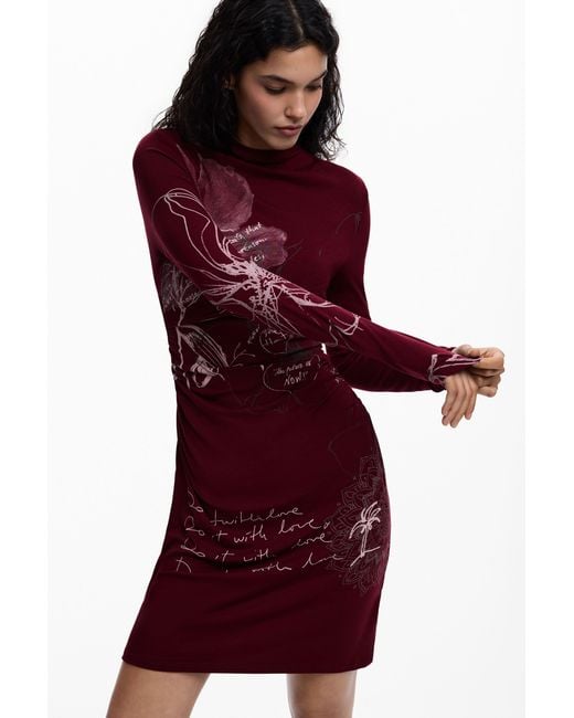 Desigual Red Long-Sleeved Knit Dress, Viscose