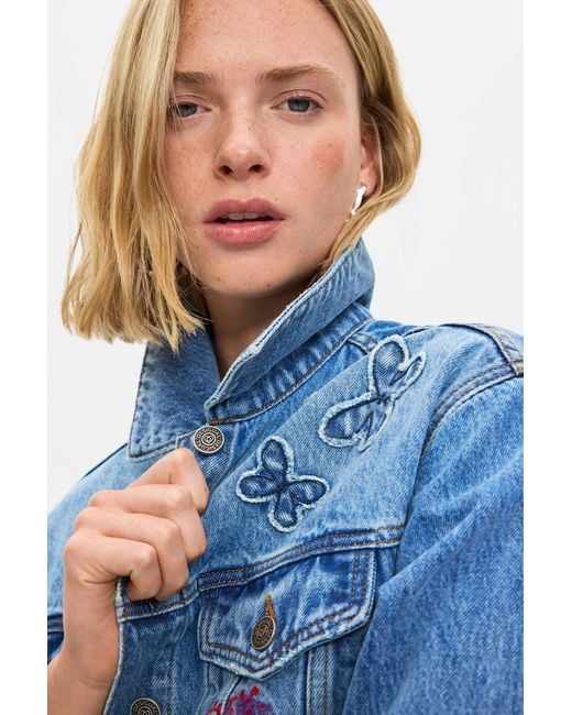 Desigual Blue Embroidered Denim Jacket 100% Cotton, Cotton