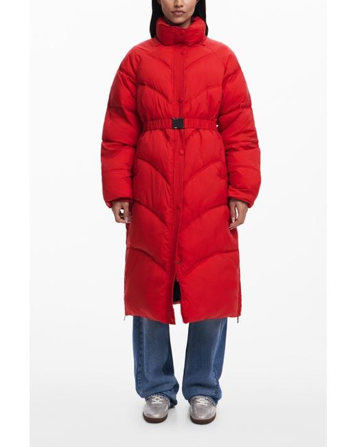 Desigual Red Long Padded Coat, Polyamide