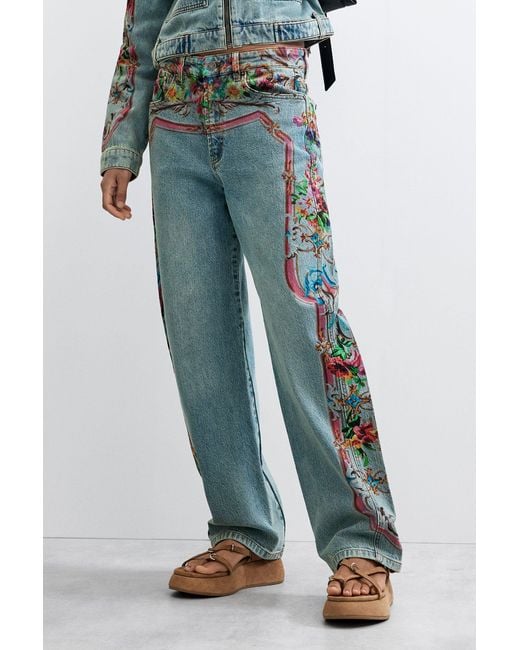 Desigual Blue Printed Denim Trousers, Cotton