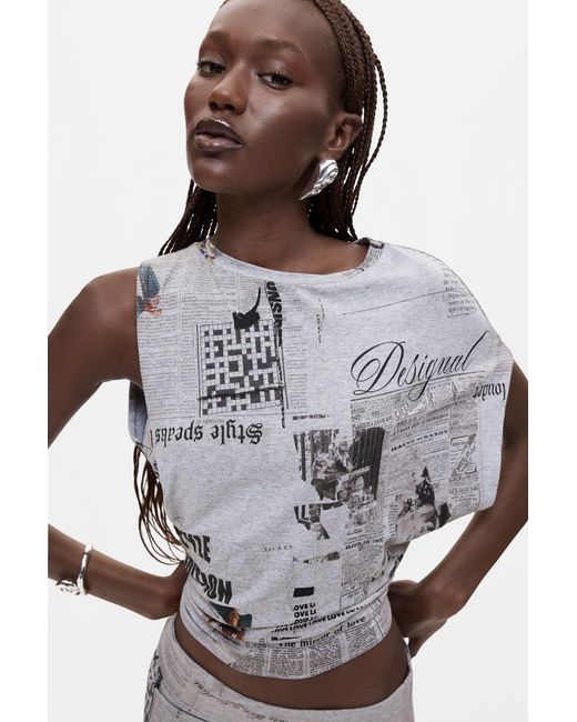 Desigual Gray Printed T-Shirt 100% Cotton, Viscose