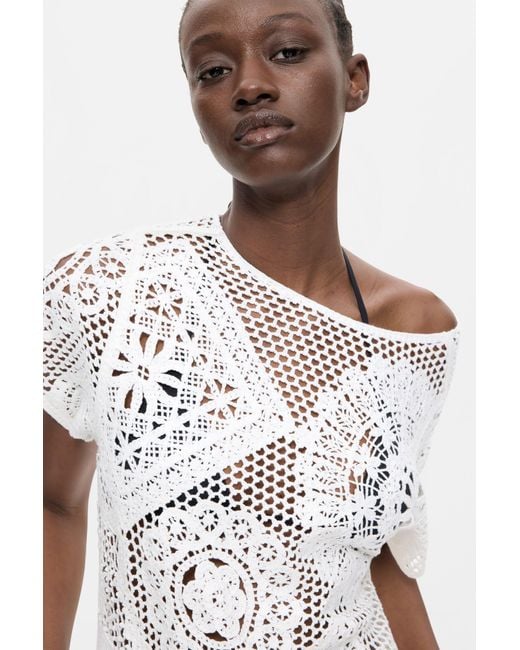 Desigual White Asymmetric Crochet T-Shirt