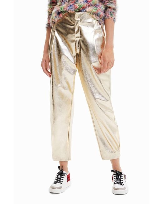Desigual White Metallic-Effect Slouchy Trousers, Polyurethane