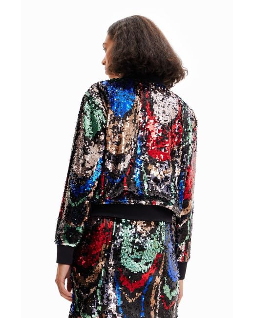 Desigual Blue Sequin Bomber Jacket, Polyester