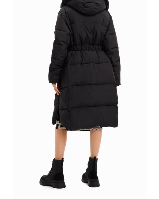 Desigual Black Long Padded Coat With Belt, Polyester