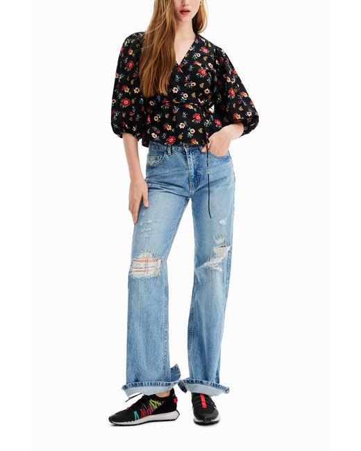 Desigual Black Floral Wrap Blouse, Cotton