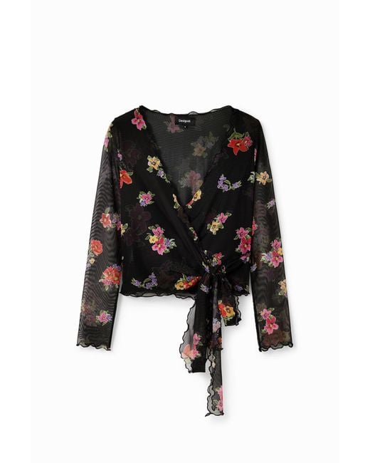 Desigual Black Wrap Floral Tulle Blouse, Polyester