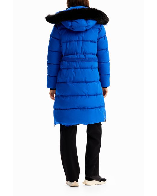 Desigual Blue Quilted Belted Coat, Polyester
