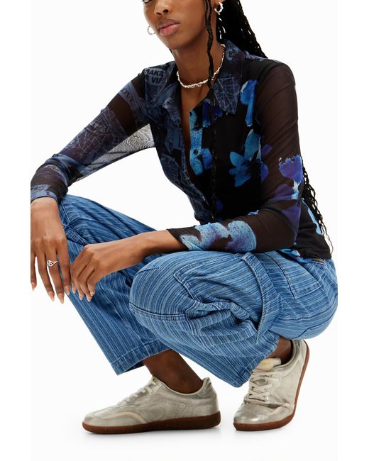Desigual Blue Striped Denim Cargo Pants