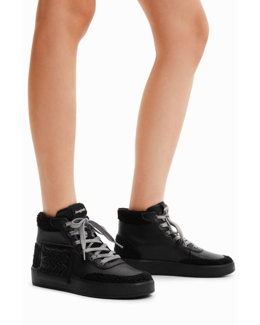 Desigual Black Faux-Sheepskin High-Top Sneakers