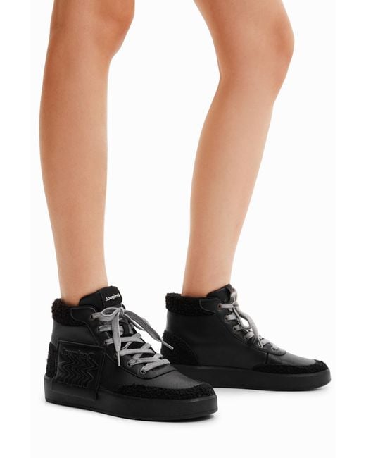 Desigual Black Faux-Sheepskin High-Top Sneakers
