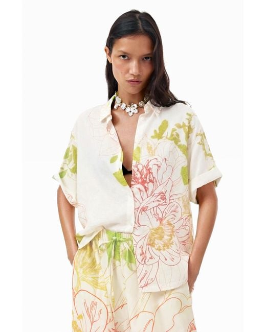 Desigual White Short-Sleeved Floral Shirt, Viscose