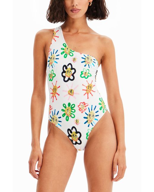 Desigual White Asymmetric-Strap Sun Swimsuit