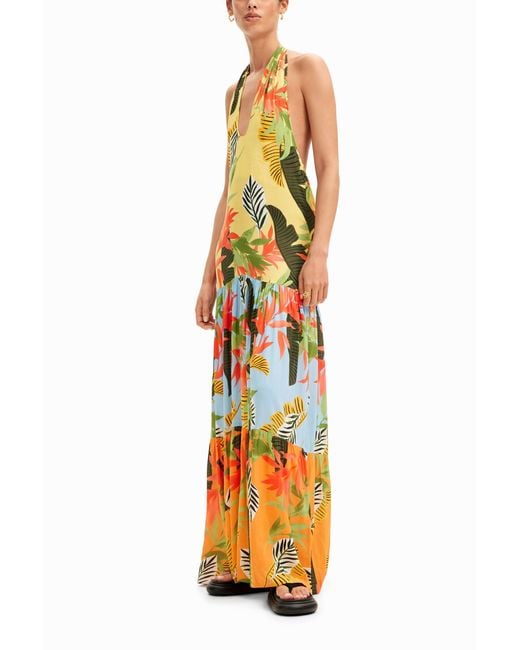 Desigual Metallic Tropical Halter Neck Maxi Dress, Viscose