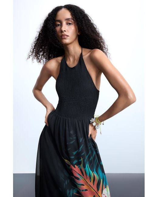 Desigual Black Tropical Halter Dress, Polyester