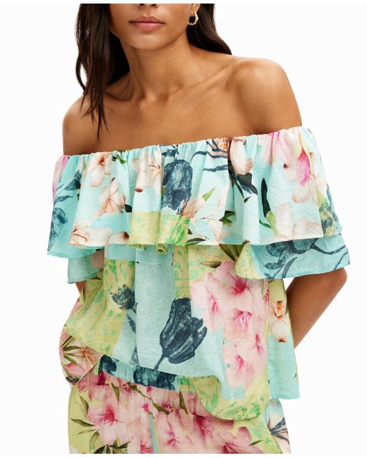 Desigual Blue Floral Ruffled Blouse