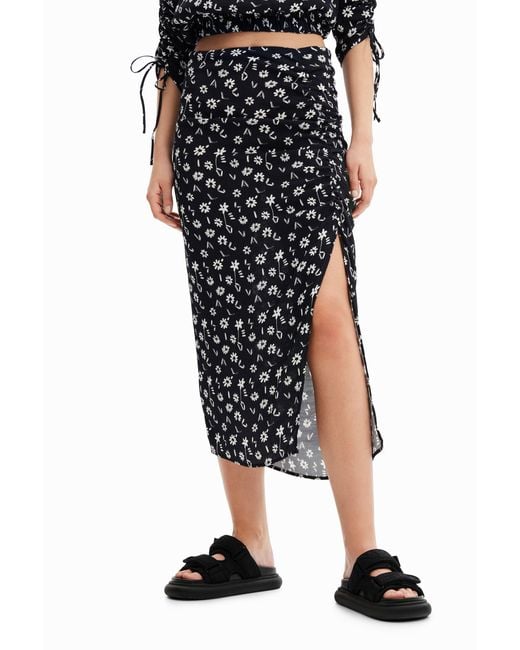 Desigual Black Floral Slit Midi Skirt, Viscose