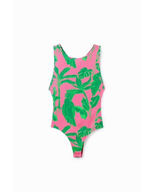Desigual Green Ribbed Tropical Bodysuit With Straps